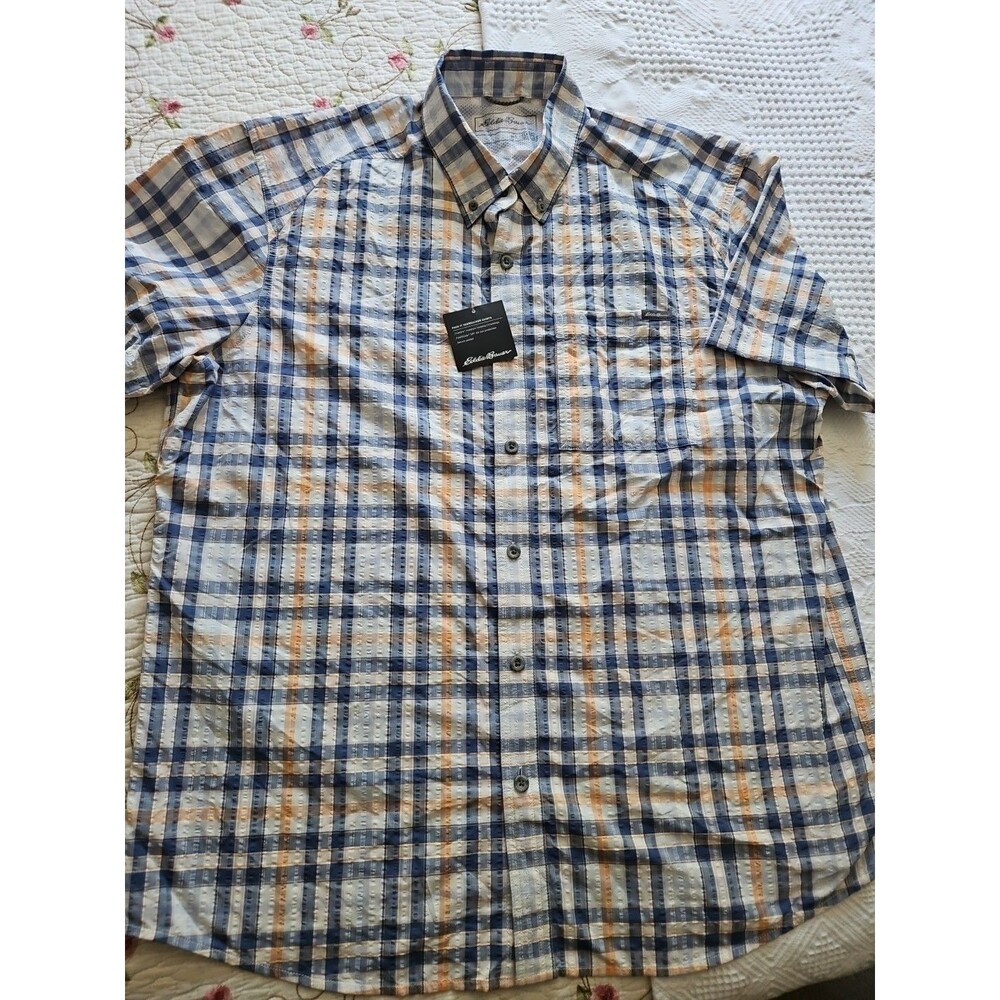 NWT Eddie Bauer Pack It Seersucker Shirt UPF 40 Protection Moisture Wicking Sz L